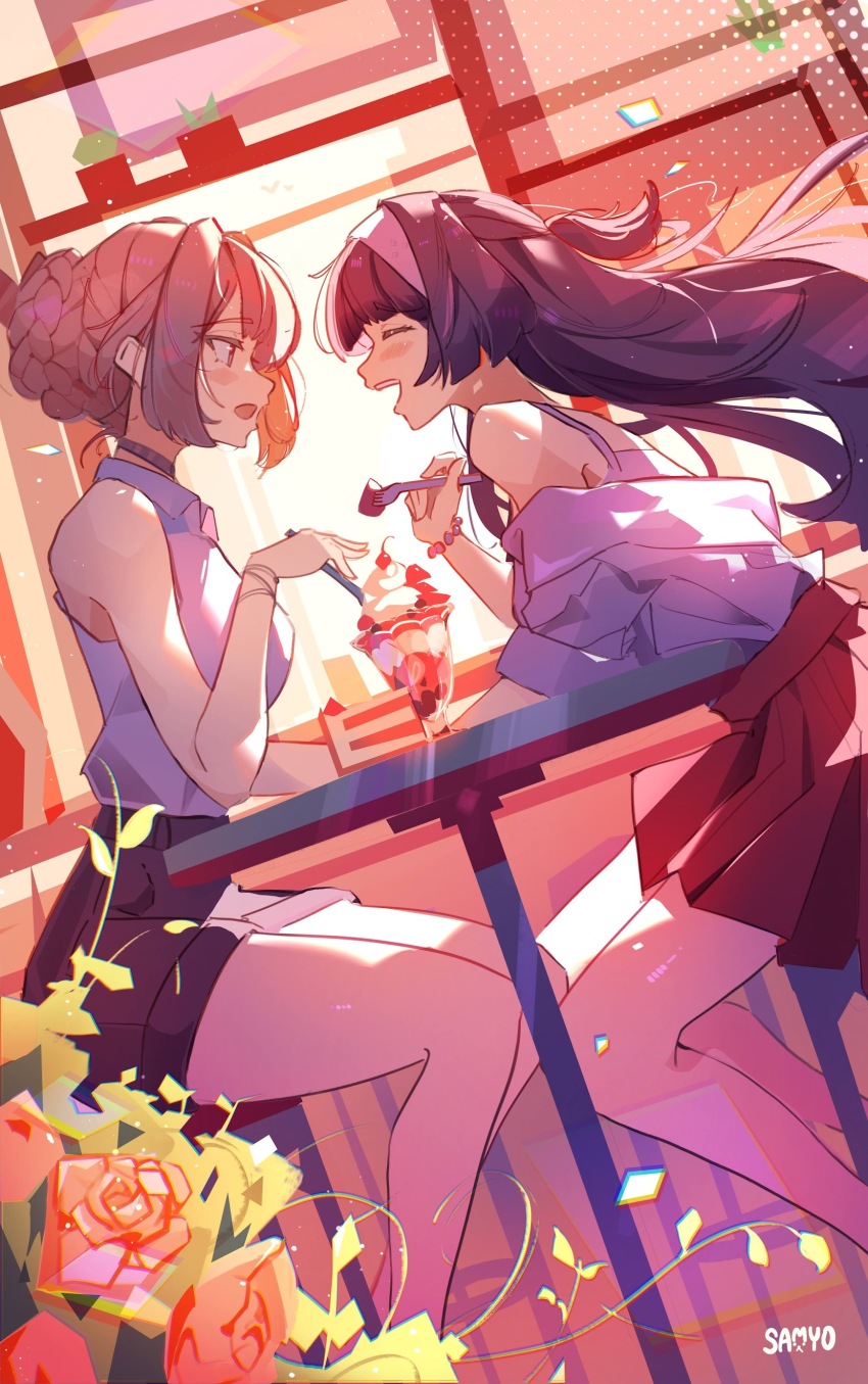 2girls :d absurdres alternate_costume artist_name astra_yao bare_legs bare_shoulders bead_bracelet beads black_choker black_hair black_skirt blonde_hair blunt_bangs blush_stickers bracelet braid braided_bun breasts cafe cake cake_slice choker closed_eyes collared_shirt commentary dating english_commentary evelyn_chevalier feet_out_of_frame floating_hair flower food fork from_side hair_bun hairband half_updo highres holding holding_fork jewelry large_breasts light_particles lone_nape_hair long_hair looking_at_another miniskirt multiple_girls off_shoulder open_mouth parfait pleated_skirt red_eyes red_flower red_rose rose samyo shirt short_hair sidelocks sideways_mouth sitting skirt sleeveless sleeveless_shirt smile tank_top teeth upper_teeth_only white_hairband white_shirt white_tank_top yuri zenless_zone_zero