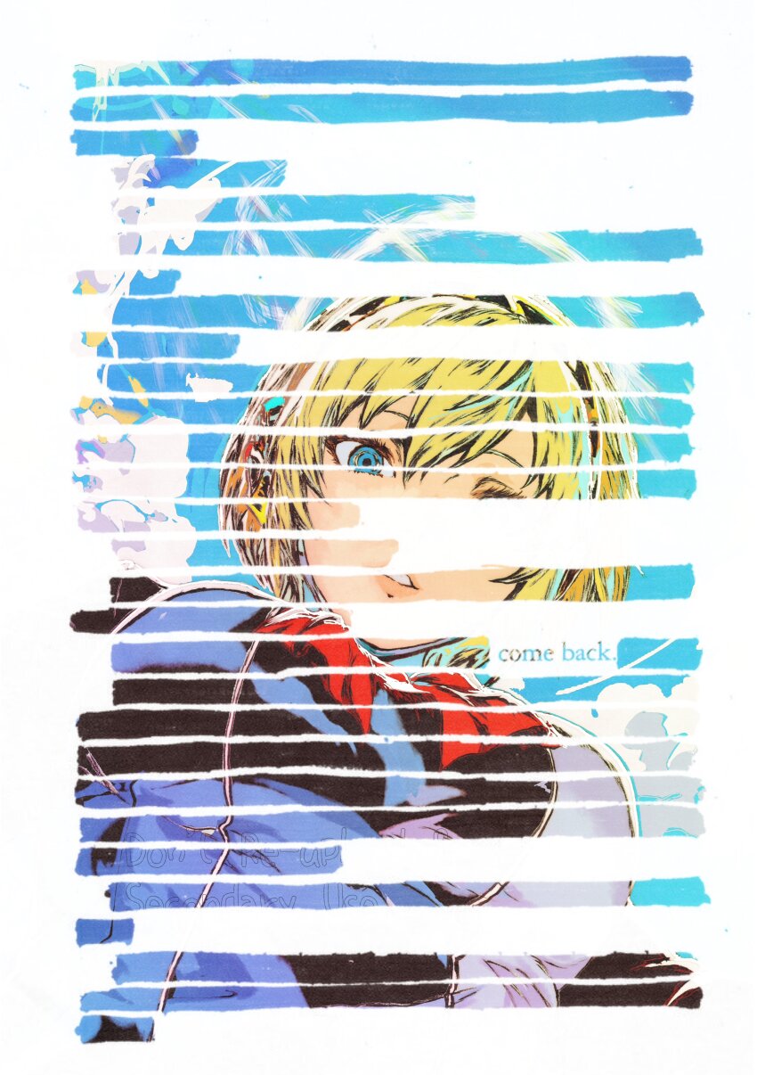 1girl absurdres aigis_(persona) android blackout_poetry blonde_hair blue_eyes blue_sky bow breasts cloud gekkoukan_high_school_uniform hairband highres large_breasts looking_at_viewer mixed-language_commentary oeilvert_fft parted_lips persona persona_3 red_bow school_uniform short_hair sky solo