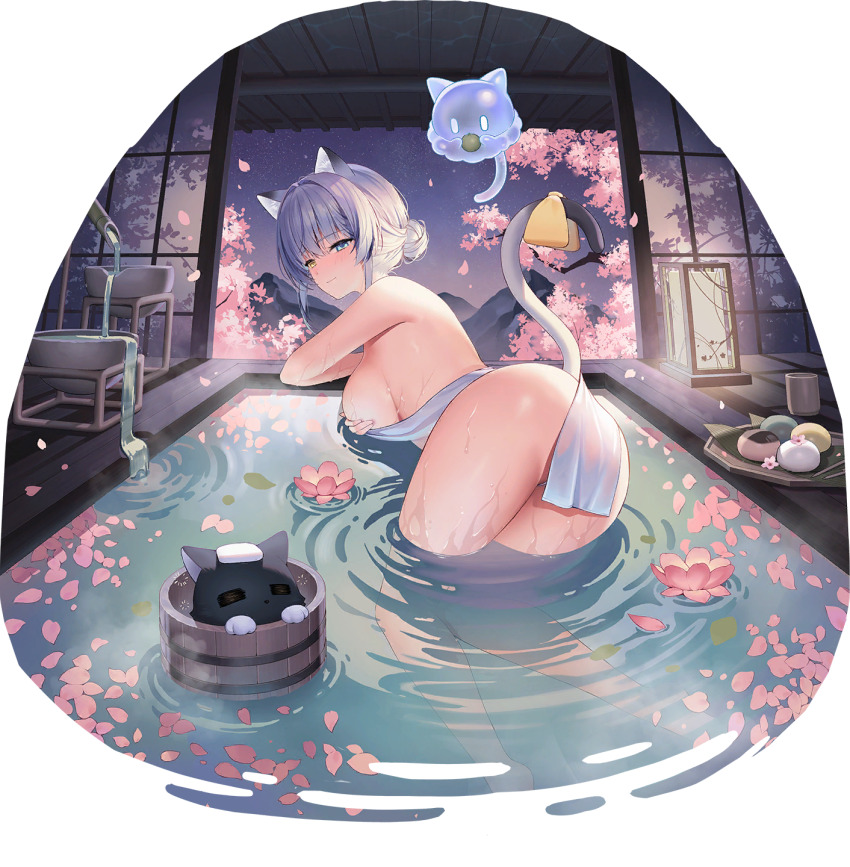 1girl 1other amase_chihiro amase_chihiro_(testing_the_water) animal_ears ass bath black_tail blue_eyes bow breasts bucket cat_ears cat_girl cat_tail chipy cup flower flower_request food from_behind fruit furry gradient_tail grey_tail hair_bun hand_on_own_chest heterochromia highres holding holding_food holding_fruit indoors large_breasts leaf looking_at_viewer naked_towel night non-web_source official_alternate_hairstyle partially_submerged petals petals_on_liquid plate poker_fate ripples shishi_odoshi sideboob solo_focus souzu tail tail_bow tail_ornament thighs towel towel_on_head transparent_background water wet white_hair wooden_bucket yellow_bow yellow_eyes