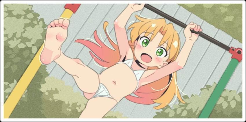 1girl armpits bikini blonde_hair blush cameltoe flat_chest gluteal_fold green_eyes happy highres loli long_hair looking_at_viewer micro_bikini playing ruri_no_houseki saeki_tatsuya solo swimsuit tanigawa_ruri toes webp-to-png_conversion white_bikini