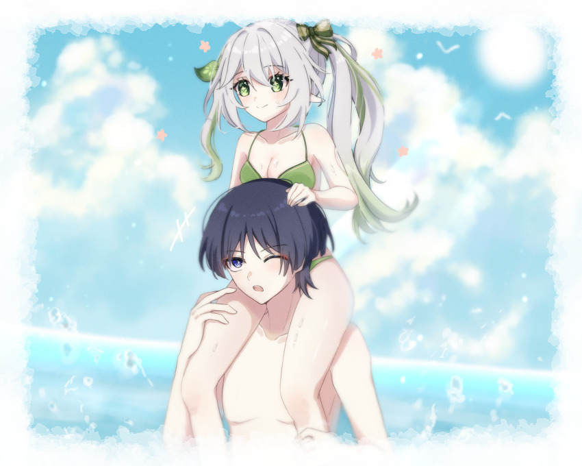 +++ 1boy 1girl aged_up aichiroo alternate_costume asymmetrical_sidelocks bare_shoulders bikini bird black_hair blue_sky blunt_ends blush border bow breasts bright_pupils carrying cleavage closed_mouth cloud cloudy_sky collarbone commentary_request contemporary cross-shaped_pupils eyeliner genshin_impact green_bikini green_bow green_eyes green_pupils hair_bow hair_ornament hand_on_another's_head hand_on_another's_thigh hand_up hetero highleg highleg_bikini highres holding_another's_leg leaf leaf_hair_ornament long_hair looking_at_another looking_to_the_side makeup medium_breasts multicolored_hair nahida_(genshin_impact) ocean one_eye_closed open_mouth outdoors pectorals pointy_ears purple_eyes red_eyeliner scaramouche_(genshin_impact) shoulder_carry side_ponytail sidelocks skindentation sky smile splashing streaked_hair sun swimsuit symbol-shaped_pupils teeth topless_male tsurime upper_teeth_only wet white_border white_hair white_pupils wispy_bangs