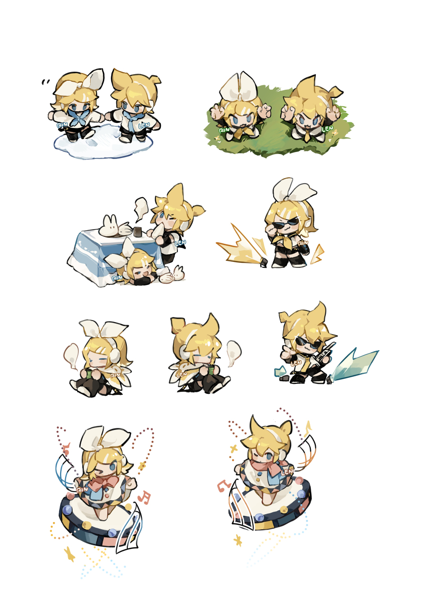 >_o 1boy 1girl :3 absurdres blonde_hair blue_eyes brother_and_sister character_name chibi chibi_only closed_mouth coat double-parted_bangs food hair_between_eyes hair_ribbon highres kagamine_len kagamine_rin kotatsu long_sleeves mochi multiple_views necktie one_eye_closed open_mouth ribbon short_hair siblings simple_background standing sunglasses table twins vocaloid white_background white_coat white_ribbon yellow_necktie zeriko