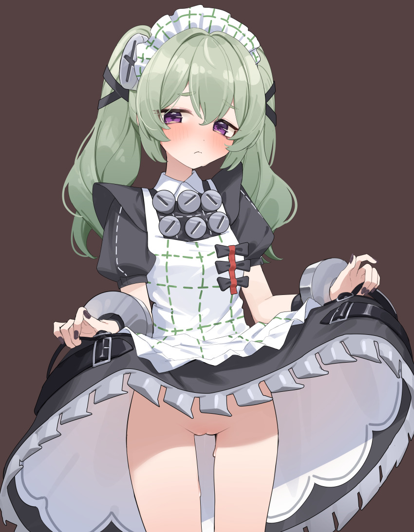 1girl absurdres black_nails blush bonnou_peace brown_background cleft_of_venus closed_mouth clothes_lift corin_wickes cowboy_shot dress dress_lift green_hair groin highres lifting_own_clothes loli long_hair looking_at_viewer maid maid_headdress nail_polish no_panties puffy_short_sleeves puffy_sleeves purple_eyes pussy screw_hair_ornament short_sleeves simple_background solo twintails uncensored zenless_zone_zero