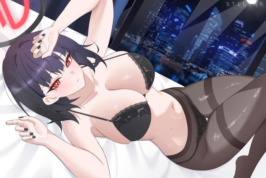 1girl bare_shoulders black_bra black_halo black_panties black_pantyhose blue_archive blush bra breasts bright_pupils cleavage collarbone halo highres large_breasts looking_at_viewer lying medium_hair multicolored_halo navel on_bed panties pantyhose red_eyes red_halo rio_(blue_archive) solo stellar_(ssstellar) thighband_pantyhose two-tone_halo underwear white_pupils