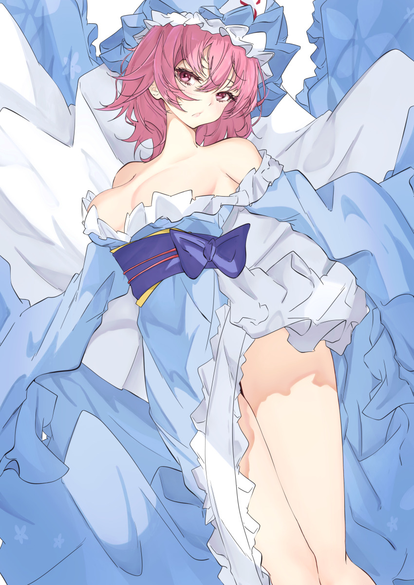1girl absurdres adapted_costume bare_shoulders blue_hat blue_kimono breasts commentary frilled_kimono frills hat highres japanese_clothes kimono large_breasts long_hair long_sleeves looking_at_viewer mob_cap obi off_shoulder pink_eyes pink_hair purple_sash saigyouji_yuyuko sash solo thighs touhou triangular_headpiece unanooo_(fthx7532) wide_sleeves