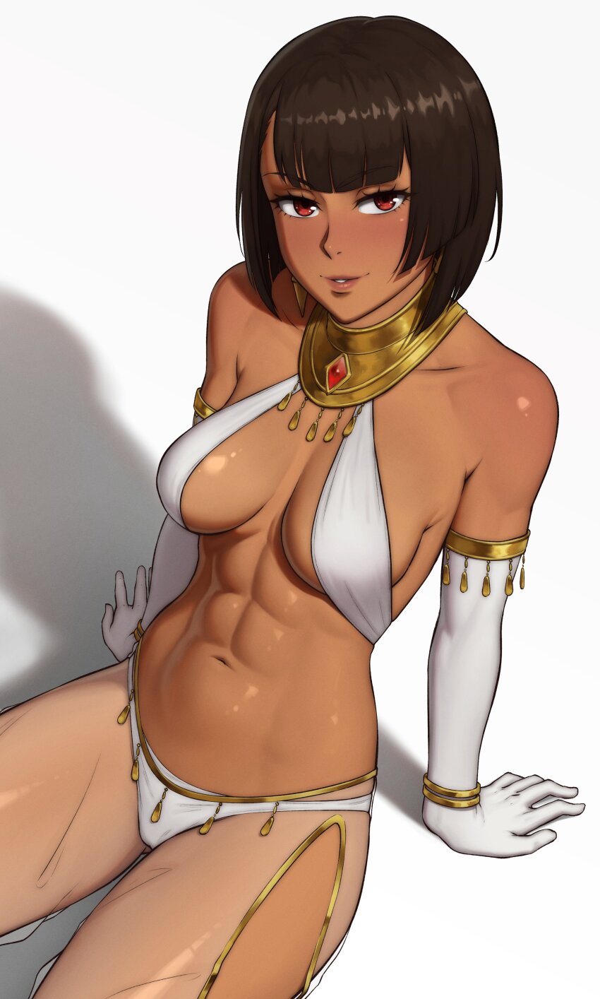 1girl abs absurdres ancient_egyptian_clothes bare_shoulders breasts commentary commission dark-skinned_female dark_skin elbow_gloves english_commentary gem gloves gold highres looking_at_viewer mangho medium_breasts medium_hair original rana_(seifersythe) red_eyes red_gem see-through_clothes shadow simple_background sitting solo usekh_collar white_background white_gloves