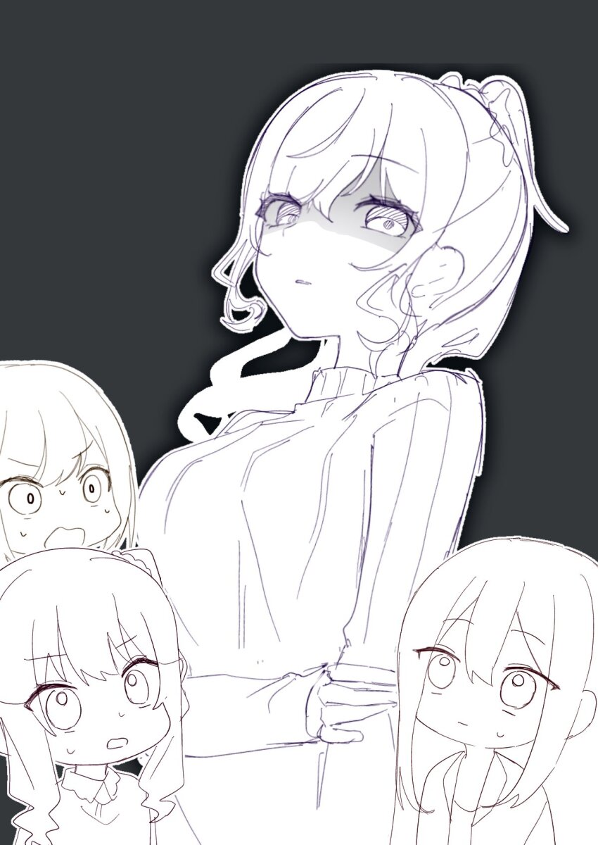 1other 25-ji_nightcord_de._(project_sekai) 3girls akiyama_mizuki asahina_mafuyu black_background breasts commentary_request double-parted_bangs glaring greyscale hand_on_own_arm highres long_sidelocks looking_at_viewer medium_breasts monochrome multiple_girls naku_sika nervous_sweating open_mouth parted_lips ponytail project_sekai shaded_face shinonome_ena side_ponytail sidelocks simple_background sweat sweatdrop sweater turtleneck turtleneck_sweater wavy_sidelocks yoisaki_kanade