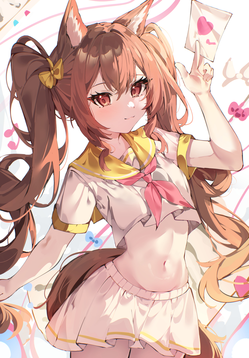 1girl :3 absurdres alternate_costume angelina_(arknights) animal_ear_fluff animal_ears arknights blush bow brown_hair chinese_commentary commentary_request cowboy_shot crop_top dot_nose fox_ears fox_girl fox_tail groin hair_between_eyes hair_bow hand_up highres hua-huahua looking_at_viewer midriff miniskirt navel neckerchief pink_bow pink_neckerchief pleated_skirt red_eyes school_uniform serafuku shirt short_sleeves skirt solo tail twintails white_serafuku white_shirt white_skirt yellow_bow yellow_collar
