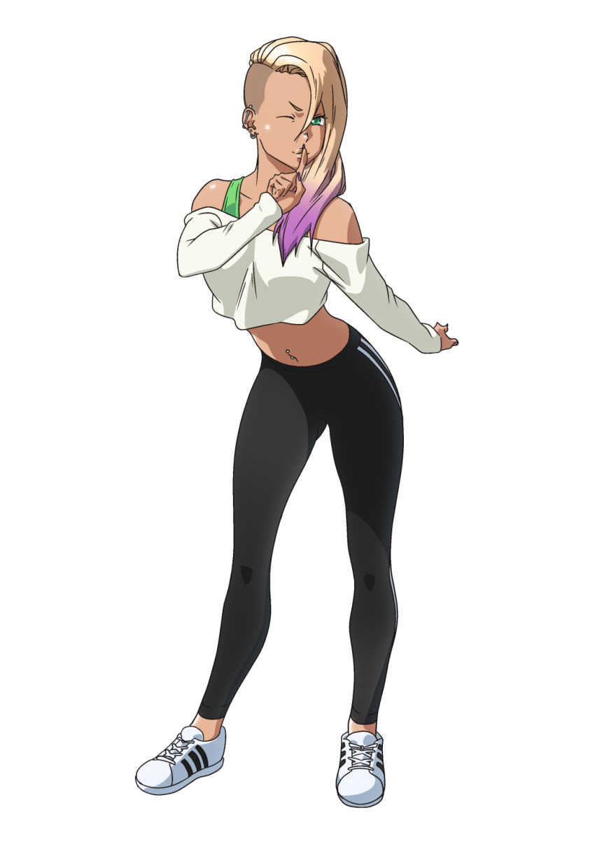 1girl antonio_malara asymmetrical_hair bare_shoulders black_pants blonde_hair colored_tips commentary commission crop_top ear_piercing earrings eyelashes finger_to_mouth fingernails full_body green_eyes highres index_finger_raised jewelry long_hair long_sleeves midriff multicolored_hair nail_polish navel navel_piercing one_eye_closed original pants piercing purple_hair purple_nails shirt shoes shushing sidecut simple_background solo standing undercut white_background white_shirt white_shoes