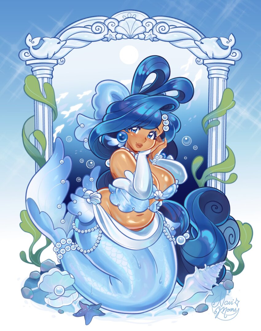 1girl air_bubble arch bikini blue_eyes blue_eyeshadow blue_hair blue_ribbon blue_tail bracelet breasts bridal_gauntlets bubble clam cleavage column commentary conch constellor curvy dione_(constellor) earrings english_commentary eyeshadow fins gem highres jewelry large_breasts long_hair looking_at_viewer makeup mermaid monster_girl navel necklace original pearl_(gemstone) pearl_bracelet pearl_earrings pearl_necklace pearl_ring pillar plump raised_eyebrows ribbon scales seashell seaweed shell shell_bikini solo starfish statue swimsuit tail tail_ornament tail_ring thick_lineart underwater username watermark wide_hips