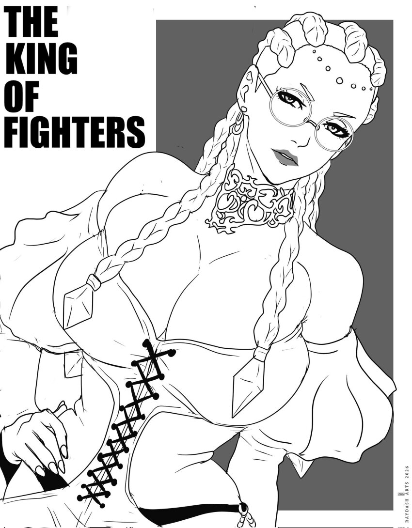 1girl bodypaint braid breasts curvy dolores_(kof) dress female_focus glasses huge_breasts large_breasts long_hair panties raydash30 round_eyewear the_king_of_fighters thick_thighs thighs underwear wide_hips