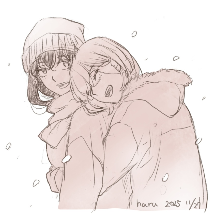 2girls :d ^_^ akiyama_haru artist_name beanie closed_eyes commentary_request dated fur-trimmed_hood fur_trim glasses happy hat highres hood hug hug_from_behind monochrome multiple_girls open_mouth scarf short_hair signature sketch smile snowing teeth upper_teeth_only watashi_no_blue_garnet winter_clothes yuri