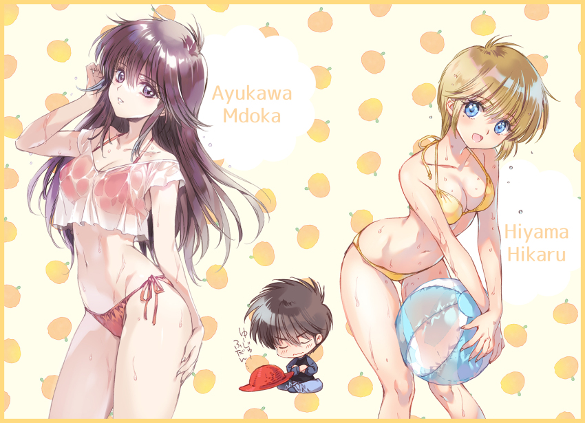 1boy 2girls ayukawa_madoka bikini black_hair blonde_hair blue_eyes breasts carnelian character_name cleavage food frilled_bikini frills fruit fruit_background highres hiyama_hikaru kasuga_kyousuke kimagure_orange_road long_hair medium_breasts multiple_girls orange_(fruit) red_bikini see-through_clothes see-through_shirt shirt short_hair side-tie_bikini_bottom swimsuit t-shirt wet wet_clothes wet_shirt yellow_bikini