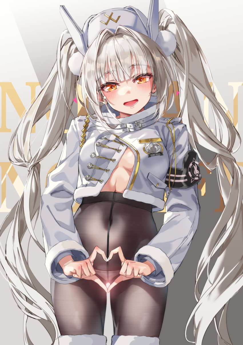 1girl absurdres blanc_(fortune_express)_(nikke) blanc_(nikke) blush breasts brown_eyes covered_navel cowboy_shot fingernails gluteal_fold goddess_of_victory:_nikke hair_between_eyes hat heart heart_hands highres jacket long_hair long_sleeves looking_at_viewer medium_breasts michairu open_clothes open_jacket open_mouth pantyhose petite shirt simple_background solo standing thighband_pantyhose twintails underwear very_long_hair white_hair