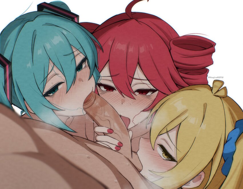 1boy 3girls absurdres ahoge akita_neru aqua_eyes aqua_hair artist_name blonde_hair blush commentary cooperative_fellatio fellatio fffm_foursome fingernails group_sex hair_between_eyes harem hatsune_miku hetero highres kagironsfw kasane_teto kasane_teto_(utau) licking licking_penis long_hair looking_at_viewer matching_hair/eyes multiple_girls nail_polish oral penis red_eyes red_hair red_nails simple_background teamwork_(sexual) testicle_sucking tongue tongue_out triple_baka_(vocaloid) twintails uncensored utau veins veiny_penis vocaloid white_background yellow_eyes