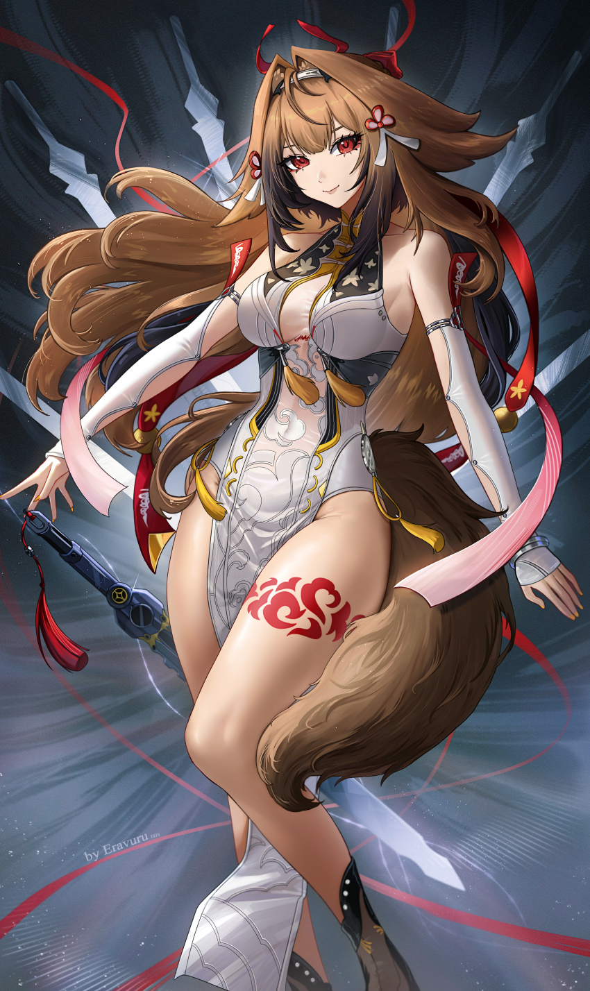 1girl absurdres animal_ears armlet breasts brown_hair china_dress chinese_clothes clover_hair_ornament dress droopy_ears eravuru fox_ears fox_girl fox_tail groin hair_ornament headband highres jewelry leg_tattoo long_hair looking_at_viewer medium_breasts mixed-language_commentary multicolored_hair qingming_sword red_eyes ribbon see-through_clothes sleeveless smile streaked_hair tail tassel tattoo very_long_hair ye_shunguang zenless_zone_zero