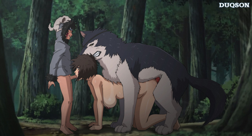 1boy 1girl absurdres age_difference bestiality breasts cleavage dog doggystyle duqson fellatio highres huge_breasts incest inuzuka_kiba inuzuka_tsume large_breasts mother_and_son naruto_(series) oral sex sex_from_behind shota vaginal