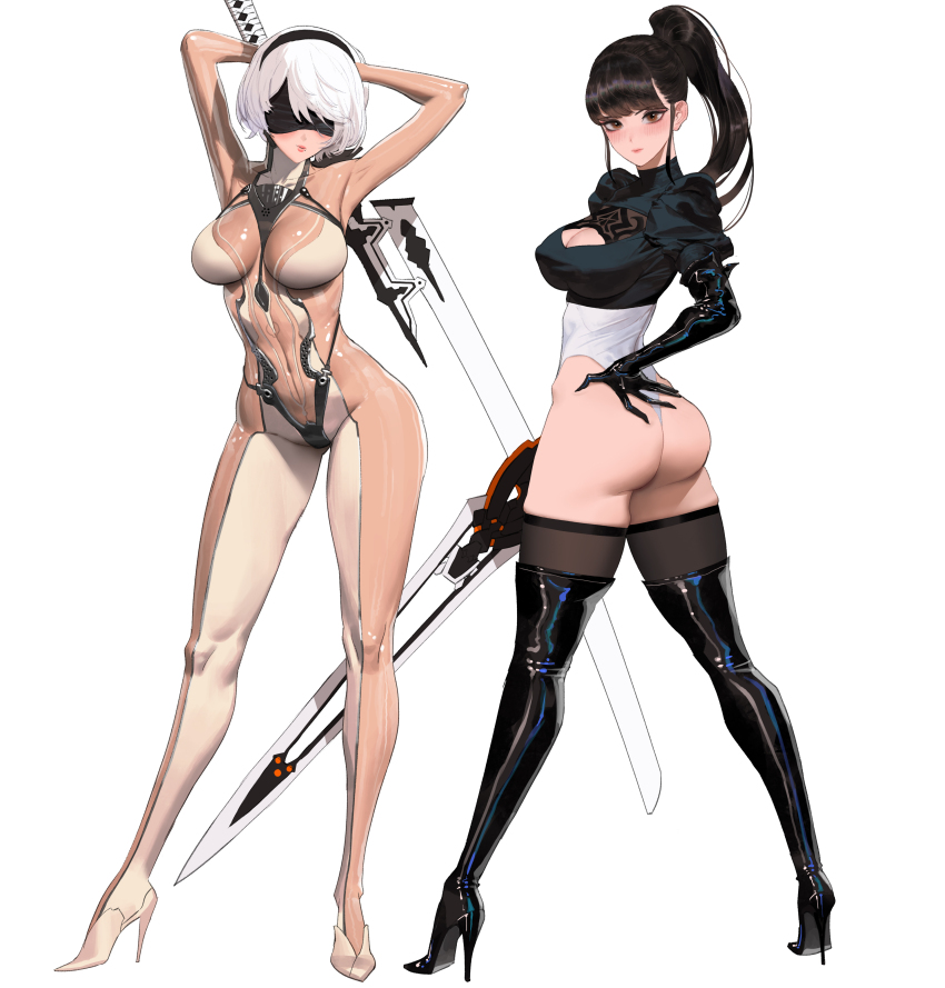 2b_(nier:automata) 2b_(nier:automata)_(cosplay) 2girls absurdres ass black_hair blindfold bodysuit boots breasts brown_bodysuit cleavage cleavage_cutout clothing_cutout cosplay costume_switch crossover eve_(stellar_blade) eve_(stellar_blade)_(cosplay) female_focus high_heel_boots high_heels highres impossible_bodysuit impossible_clothes large_breasts leotard medium_breasts multicolored_bodysuit multiple_girls nier:automata nier_(series) patent_boots patent_heels see-through_bodysuit see-through_clothes skin_suit_(stellar_blade) skin_tight sleeved_leotard standing stellar_blade stiletto_boots stiletto_heels sword thigh_boots thighhighs thighhighs_under_boots thong thong_leotard trait_connection two-tone_bodysuit weapon white_hair wonbin_lee