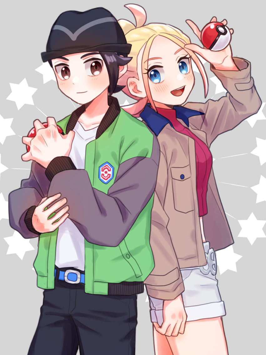 1boy 1girl :d belt black_hair black_hat black_pants blonde_hair blue_belt blue_eyes brown_eyes brown_jacket closed_mouth commentary_request eyelashes green_jacket hat highres holding holding_poke_ball jacket long_sleeves mochi_(mocchi_p_2m) nintendo open_clothes open_jacket open_mouth pants paxton_(pokemon) poke_ball poke_ball_(basic) pokemon pokemon_legends:_z-a ribbed_shirt shirt short_hair shorts smile taunie_(pokemon) teeth upper_teeth_only white_shirt