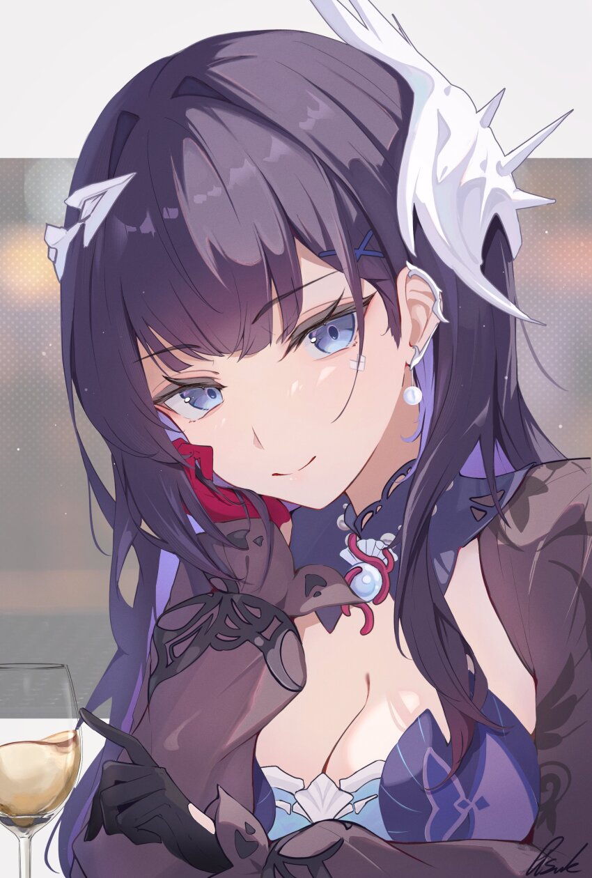 1girl absurdres asymmetrical_gloves black_hair blue_eyes breasts cleavage colored_inner_hair commentary cup drinking_glass earrings gem gloves hair_ornament hand_on_own_cheek hand_on_own_face highres honkai:_star_rail honkai_(series) hysilens_(honkai:_star_rail) jewelry long_hair looking_at_viewer mismatched_gloves multicolored_hair pearl_(gemstone) pisuke_(user_kcmh2774) scales shrug_(clothing) single_earring single_sidelock smile wine_glass x_hair_ornament