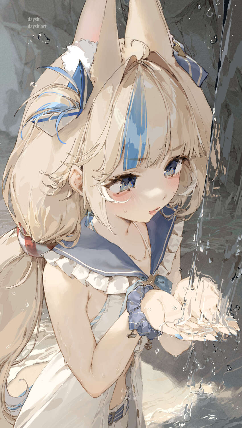 1girl absurdres animal_ear_fluff animal_ears blonde_hair blue_bow blue_eyes blue_hair blue_nails blush bow cat_ears commentary dayshiart dress hair_bow highres indie_virtual_youtuber lifebuoy_hair_ornament long_hair looking_at_viewer multicolored_hair nail_polish one_side_up open_mouth rain sameko_saba sameko_saba_(1st_costume) shorts streaked_hair symbol-only_commentary very_long_hair virtual_youtuber white_dress white_shorts