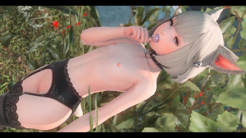 1girl 3d animal_ears bell black_thighhighs candy collar collarbone final_fantasy final_fantasy_xiv flat_chest food garter_belt grey_eyes grey_hair hair_bell hair_ornament highres jingle_bell khloe_aliapoh loli lollipop matching_hair/eyes miqo'te nipples nude outdoors solo tagme thighhighs