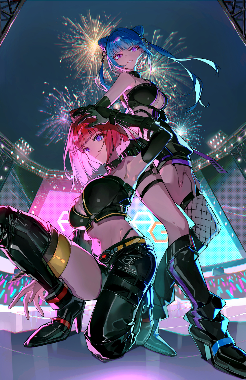 2girls absurdres bare_shoulders black_shorts black_tube_top blue_hair breasts character_request closed_mouth commentary_request copyright_request crowd fireworks highres large_breasts multiple_girls mura_karuki official_art parted_lips purple_eyes red_hair shorts smile stage strapless tube_top