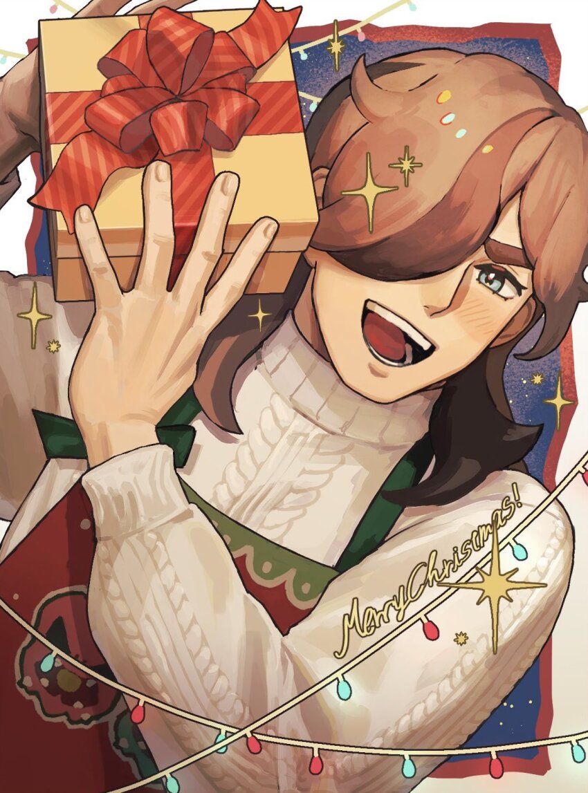 1boy apron arms_up arven_(holiday_2025)_(pokemon) arven_(pokemon) blue_eyes blush border box brown_hair cable_knit christmas_lights commentary_request dutch_angle english_text gift gift_box hair_behind_ear hair_over_one_eye highres holding holding_gift long_sleeves male_focus medium_hair merry_christmas multicolored_hair nintendo official_alternate_costume one_eye_covered open_mouth outside_border pokemon pokemon_masters_ex red_ribbon ribbon shirt smile solo streaked_hair teeth tongue upper_body water_zaki white_border white_shirt