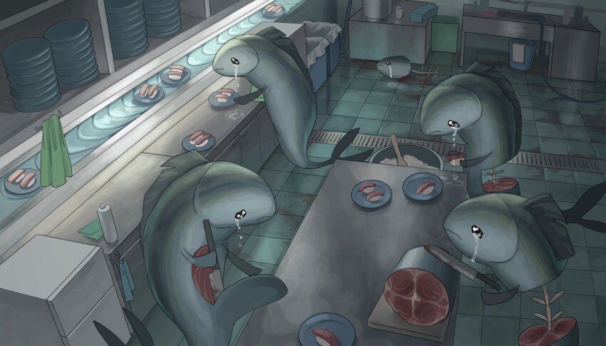 blood commentary_request conveyor_belt conveyor_belt_sushi crying fins fish food frown highres indoors kitchen knife no_humans original plate plate_stack rice streaming_tears surreal sushi tears tensen_(dotted_line)