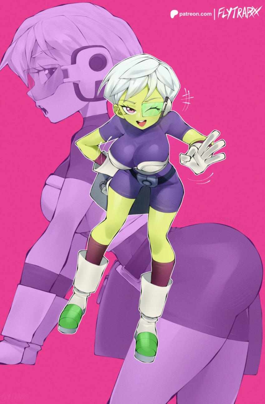 1girl armor ass bodysuit bouncing_breasts breastplate breasts cheelai colored_skin dragon_ball dragon_ball_super dragon_ball_super_broly flytrapxx full_body gloves green_skin highres huge_ass looking_at_viewer medium_breasts multiple_views ok_sign open_mouth patreon_logo patreon_username purple_bodysuit purple_eyes short_hair simple_background skinny smile white_gloves white_hair wide_hips zoom_layer
