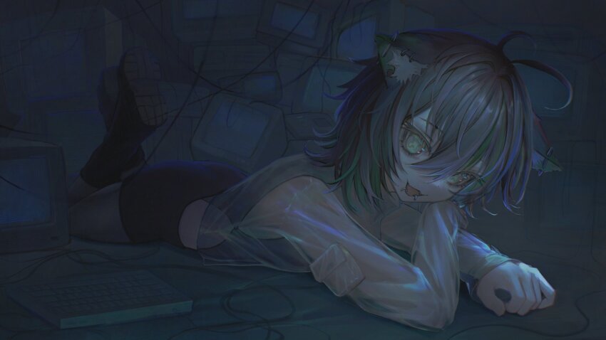 1girl animal_ear_fluff animal_ears antenna_hair black_boots black_hair black_skirt boots cat_ears cat_girl crt face_piercing full_body green_eyes hair_between_eyes highres lip_piercing long_sleeves looking_at_viewer lying mdm4 on_stomach open_mouth original piercing see-through_clothes see-through_shirt shirt short_hair skirt smile solo television the_pose undershirt