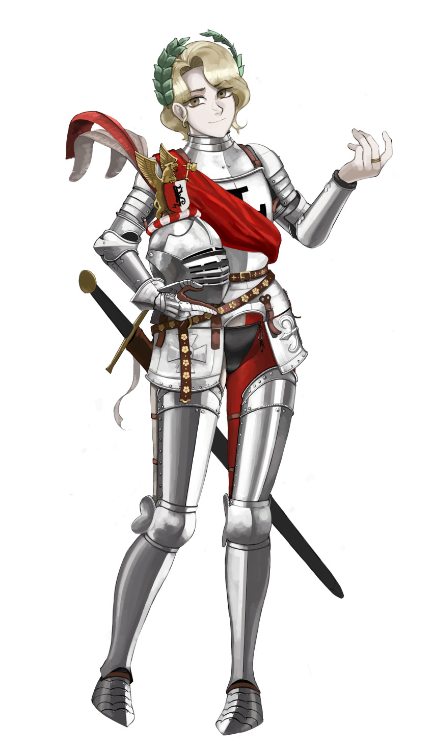 1girl absurdres armor belt blonde_hair breastplate full_armor full_body gauntlets gloves greaves helm helmet highres holding holding_unworn_helmet jewelry katyusha_(98269886) knight laurel_crown looking_at_viewer original pantaloons pants pauldrons plate_armor red_pants ring sabaton short_hair shoulder_armor simple_background smile solo standing sword unworn_headwear unworn_helmet warhammer_fantasy weapon white_background