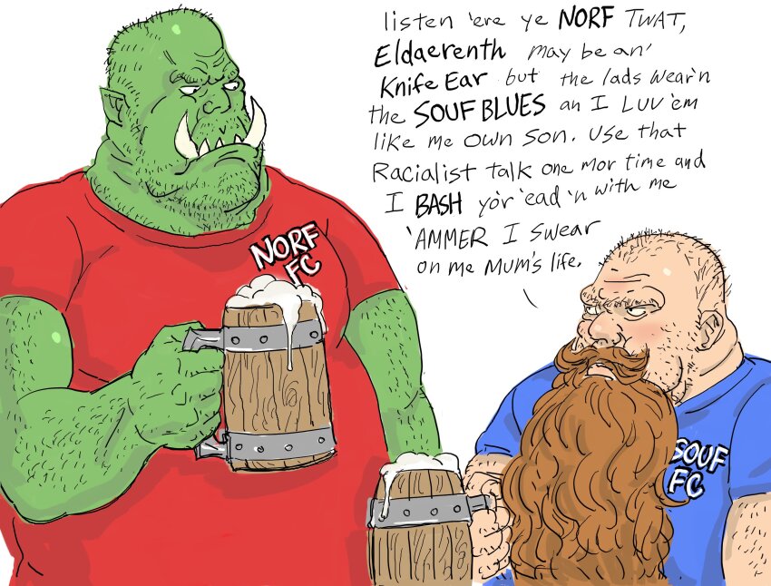 2boys alcohol bald bb_(baalbuddy) beard beer beer_mug colored_skin cup dwarf english_text facial_hair green_skin highres holding holding_cup looking_at_another mug multiple_boys muscular muscular_male orc original tankard translation_request what