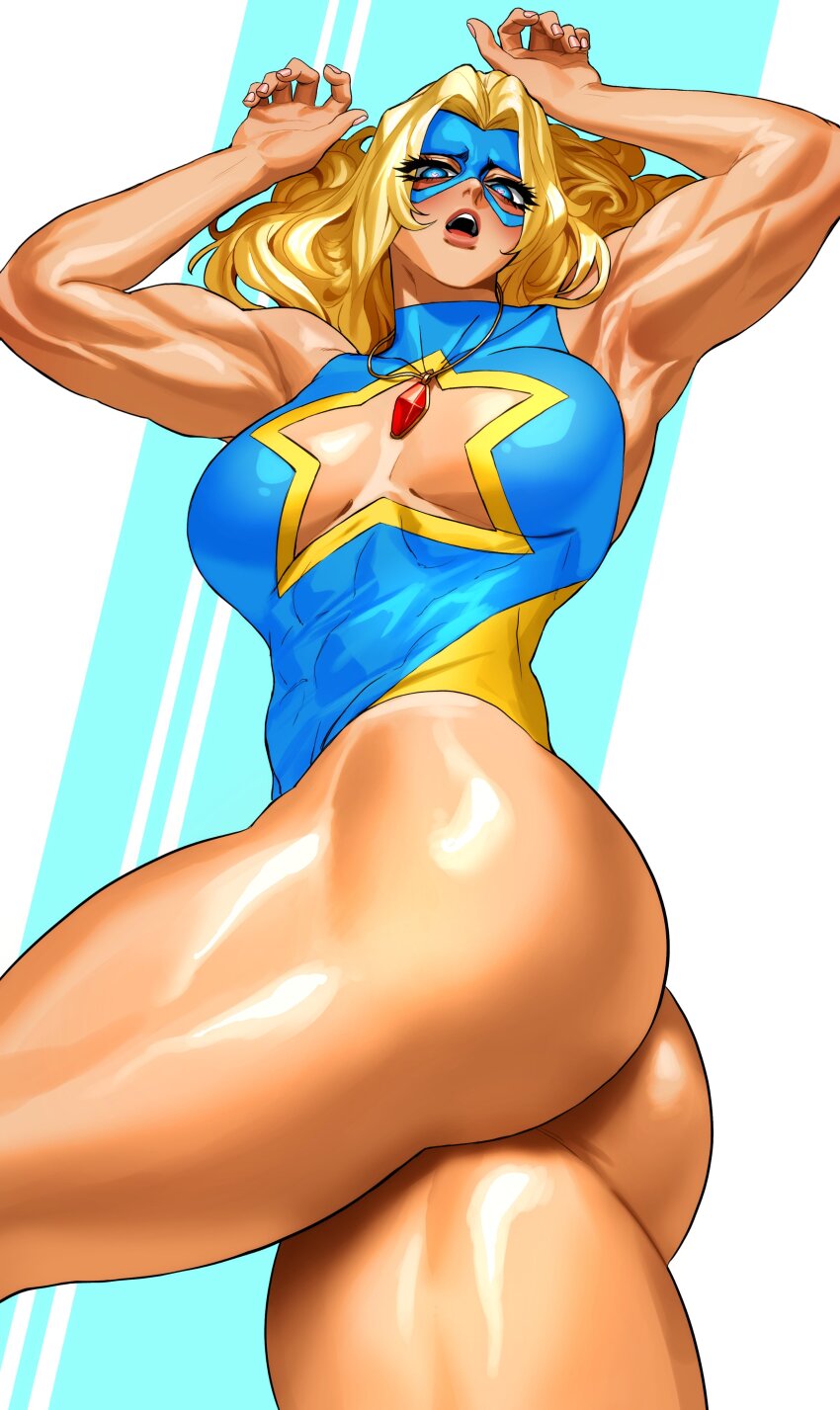 1girl absurdres armpits bare_legs biceps blonde_blazer blonde_hair blue_mask blue_one-piece_swimsuit cleavage_cutout clothing_cutout commentary covered_abs dispatch domino_mask english_commentary eye_mask highres jewelry mask muscular muscular_female necklace one-piece_swimsuit paid_reward_available shiny_skin solo sotcho star_cutout swimsuit thick_thighs thighs twisted_torso