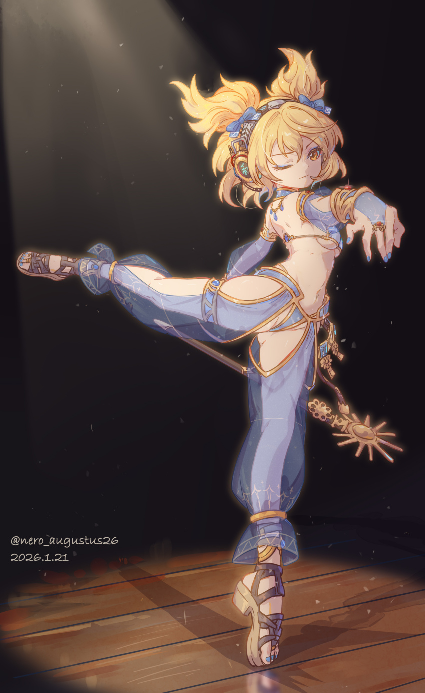 1girl absurdres alternate_costume anklet arabesque_(pose) armlet blonde_hair bracelet breasts bridal_gauntlets commentary_request dancer dated en_pointe eyeshadow harem_outfit harem_pants headphones highres jewelry looking_at_viewer makeup nail_polish navel necklace nero_augustus one_eye_closed pants pointy_hair revealing_clothes sandals see-through_clothes see-through_legwear see-through_sleeves shadow sheath sheathed small_breasts standing standing_on_one_leg sword toe_ring toenail_polish toenails touhou toyosatomimi_no_miko weapon wooden_floor yellow_eyes