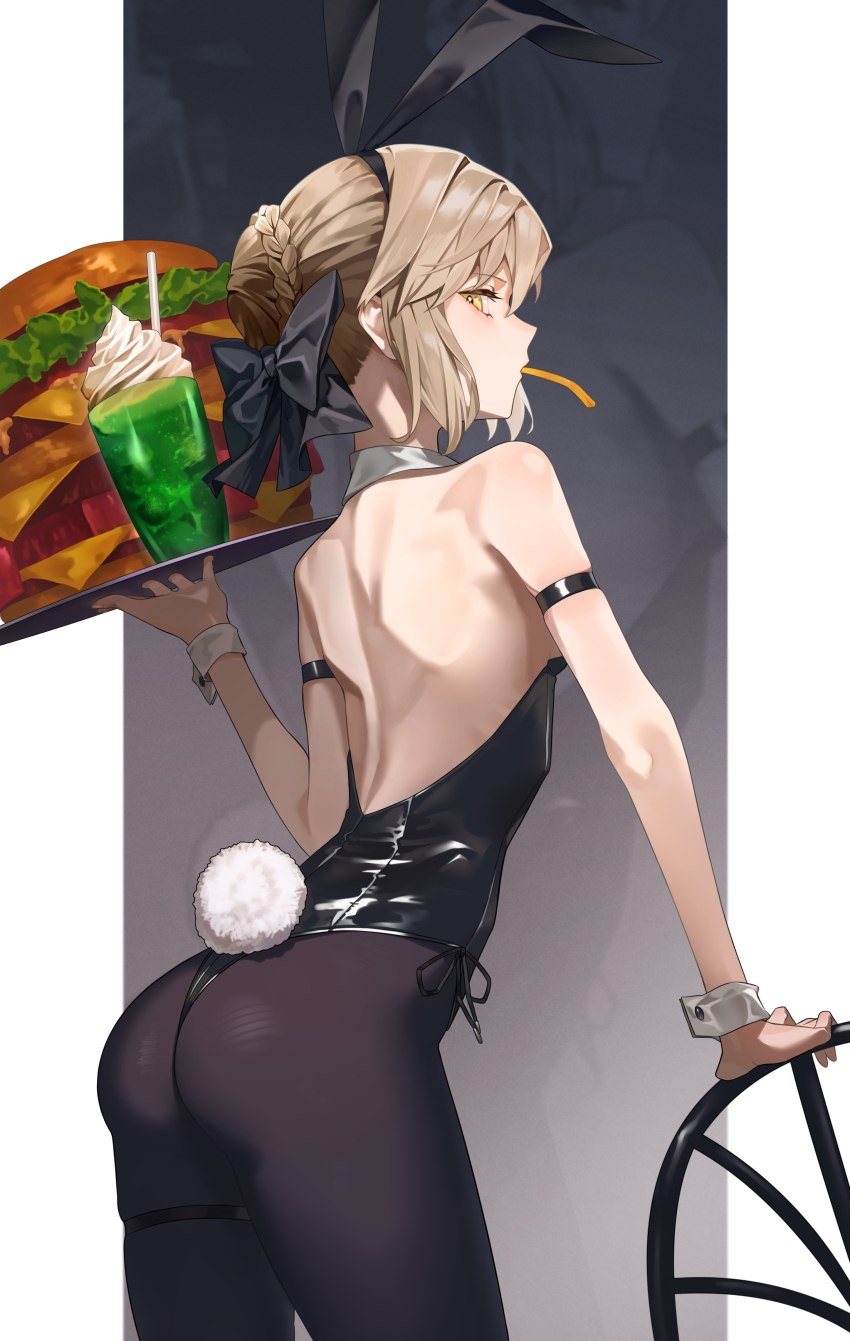 1girl absurdres animal_ears artoria_pendragon_(fate) ass back bare_shoulders black_leotard blonde_hair braid breasts brown_pantyhose burger commentary_request cup detached_collar fake_animal_ears fake_tail fate/stay_night fate_(series) food hair_bun hair_ribbon highleg highleg_leotard highres leotard long_hair looking_at_viewer looking_back maririri111 melon_soda mouth_hold oversized_food oversized_object pantyhose playboy_bunny possessed rabbit_ears rabbit_tail revision ribbon saber_alter sidelocks small_breasts tail tray wrist_cuffs yellow_eyes