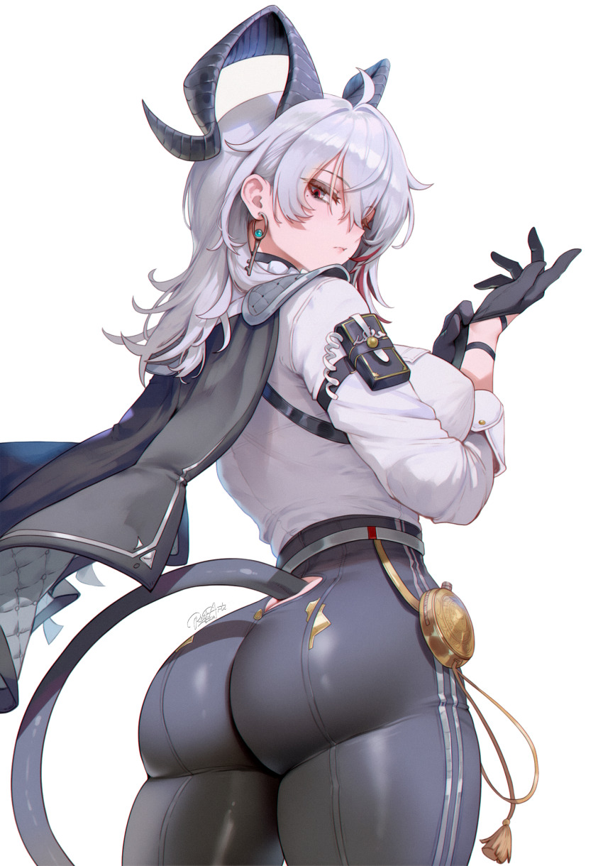 1girl ass ass_focus blush breasts butt_crack cape from_behind from_below gloves grey_hair horns huge_ass large_breasts long_hair looking_at_viewer looking_back pants red_eyes reikarts shirt sideboob solo tail tight_clothes tight_pants wuthering_waves zani_(wuthering_waves)