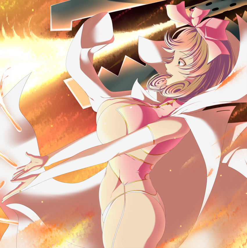 1girl ass attack bow breasts bridal_gauntlets brown_hair chemicals coat corset curled_ends curly_hair fire flamethrower from_side garter_straps gold_trim green_eyes hair_bow haruka_(senran_kagura) high_collar highres huge_breasts lab_coat laughing looking_ahead namanama12ruiji navel open_clothes open_coat open_mouth panties pink_bow pink_corset revealing_clothes ribbon robot senran_kagura senran_kagura_shinovi_versus senran_kagura_shoujo-tachi_no_shin'ei short_hair smile solo teeth test_tube throwing tossing underboob underwear upper_teeth_only vial weapon white_bridal_gauntlets white_coat white_garter_straps white_panties