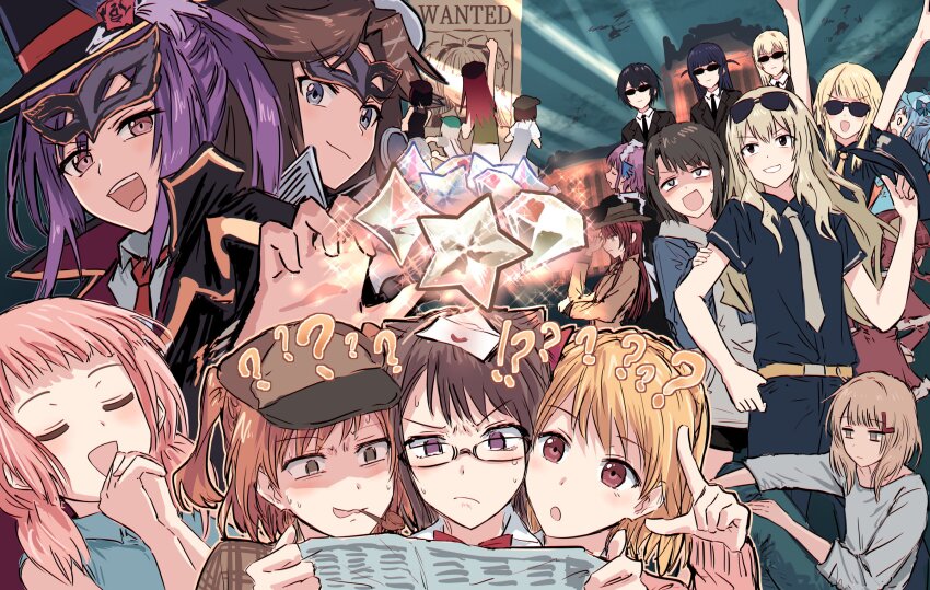 6+girls :d ? aijou_karen aimoto_rinku aoba_moca bang_dream! bang_dream!_girls_band_party! bespectacled black_hair black_hat black_pants black_shirt blue_dress blue_jacket braid brown_eyes brown_hair brown_necktie character_request closed_eyes closed_mouth collared_dress collared_shirt commentary_request cone_hair_bun crossover crown_braid d4dj diamond_(gemstone) double_bun dress envelope eye_mask glasses grey_eyes grey_hoodie grey_shirt grin hair_bun hair_ornament hairclip hat hazawa_tsugumi hidaka_saori highres holding holding_unworn_clothes holding_unworn_hat hood hoodie jacket kasuga_haruna long_sleeves low_twintails mask medium_hair mitake_ran miyake_aoi multiple_crossover multiple_girls necktie object_on_head okusawa_misaki open_clothes open_jacket open_mouth orange_hair own_hands_clasped own_hands_together pants parallel_hairclips phantom_thief pink_hair ponytail purple_eyes purple_hair red_eyes red_necktie saijou_claudine seta_kaoru shaded_face shiratori_kurumi_(d4dj) shirt short_sleeves shoujo_kageki_revue_starlight sleeveless sleeveless_dress smile star_(symbol) tanaka_yuyuko teeth tendou_maya toyama_kasumi tsurumaki_kokoro tsuyuzaki_mahiru twintails two_side_up u_u udagawa_tomoe uehara_himari unworn_hat unworn_headwear upper_teeth_only v-shaped_eyebrows wanted_poster yukitake_(bullfalk)