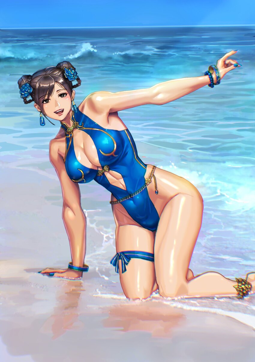 1girl alternate_costume beach blue_nails blue_one-piece_swimsuit breasts brown_hair capcom chun-li cleavage curvy double_bun earrings full_body hair_bun highleg highleg_one-piece_swimsuit highres jewelry long_hair looking_at_viewer ocean official_alternate_costume one-piece_swimsuit open_mouth outdoors smile solo street_fighter street_fighter_6 swimsuit thong_one-piece_swimsuit wide_hips yukinoshin_f