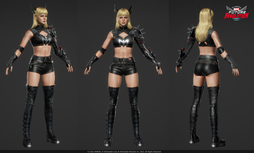1girl 3d absurdres armor black_boots black_gloves black_shirt black_shorts blonde_hair blue_eyes boots breasts cleavage cleavage_cutout clothing_cutout company_name copyright_logo copyright_notice full_body gloves grey_background highres lips logo long_hair magik_(x-men) marvel marvel_future_revolution minsu_kim multiple_views navel pauldrons shirt shorts shoulder_armor simple_background solo spiked_pauldrons spikes thigh_boots turnaround upper_body weapon x-men