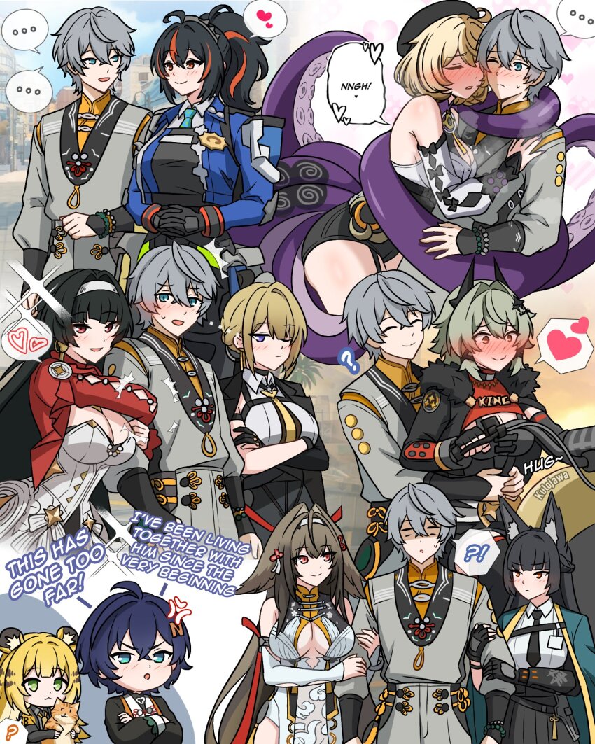!? ... 1boy 6+girls ? alternate_costume animal_ears astra_yao belle_(zenless_zone_zero) black_gloves black_hair blonde_hair blue_hair breasts brother_and_sister brown_hair caesar_anthonio_zeppeli cleavage commentary crossed_arms english_commentary evelyn_chevalier fox_ears girl_sandwich gloves grey_hair hair_ornament hairband hairclip heart highres hoshimi_miyabi hug ju_fufu kulojawa large_breasts long_hair multicolored_hair multiple_girls multiple_views ponytail red_eyes riding sandwiched siblings spoken_ellipsis spoken_heart streaked_hair tentacles tiger_ears tiger_girl very_long_hair wise_(zenless_zone_zero) ye_shunguang yidhari_murphy zenless_zone_zero zhu_yuan