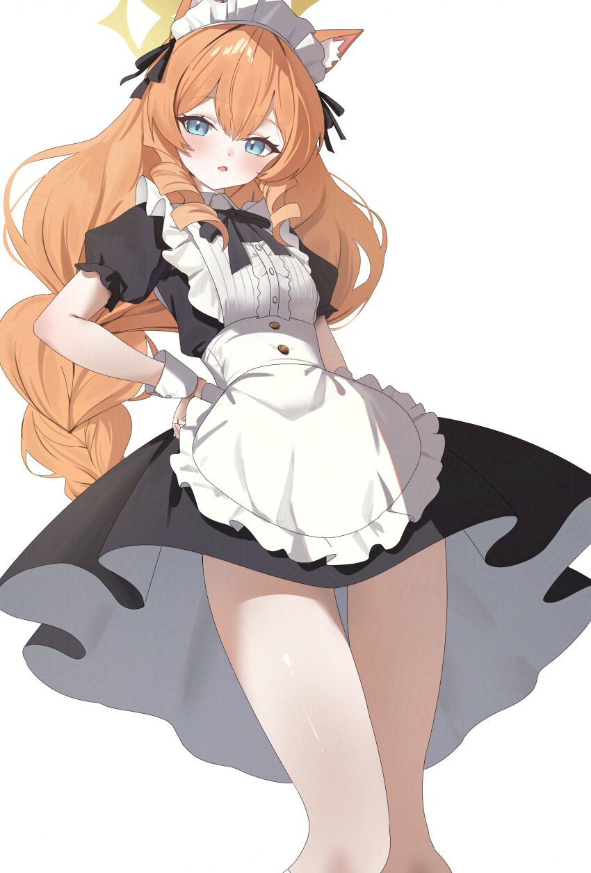 1girl absurdres alternate_costume alternate_hairstyle animal_ear_fluff animal_ears apron black_dress blue_archive braid cat_ears d_(delt4) dress drill_hair drill_sidelocks enmaided frilled_apron frills halo hand_on_own_hip highres long_hair looking_at_viewer low-braided_long_hair low-tied_long_hair maid maid_apron maid_headdress mari_(blue_archive) orange_hair puffy_short_sleeves puffy_sleeves short_sleeves sidelocks solo white_apron white_background wrist_cuffs yellow_halo