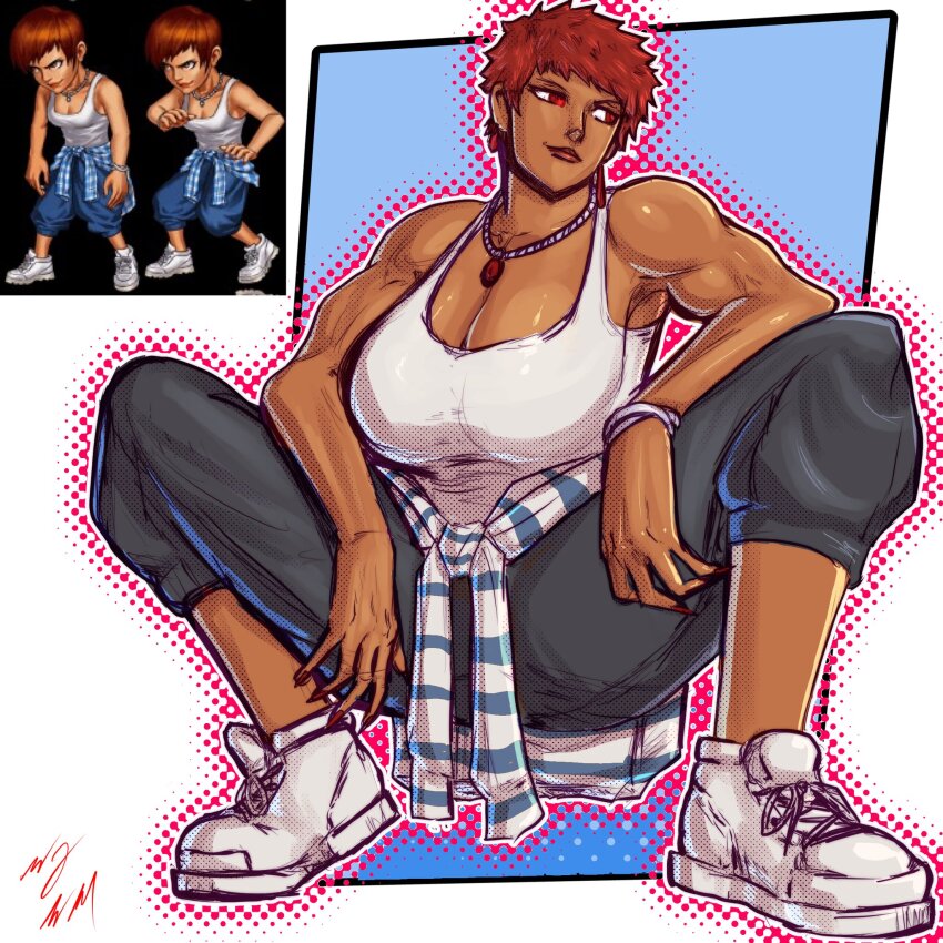 1girl breasts brown_hair curvy dark-skinned_female dark_skin female_focus huge_breasts large_breasts pants red_eyes red_hair shirt shoes short_hair smile smiley_face spread_legs squatting tan tank_top taurence_bell the_king_of_fighters thick_thighs thighs vice_(kof) white_shirt wide_hips