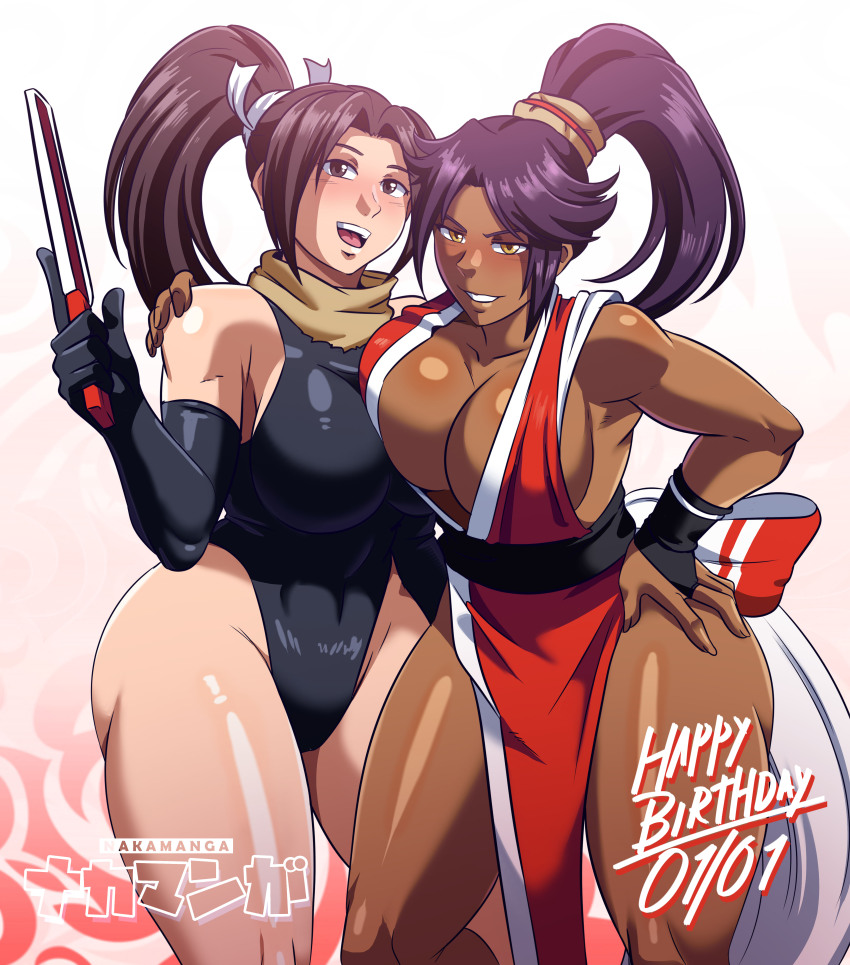 2girls absurdres arm_around_another's_shoulder bare_shoulders black_leotard bleach breasts brown_eyes brown_hair cleavage collarbone cosplay dark-skinned_female dark_skin dated fatal_fury hair_ornament hand_on_own_hip happy_birthday highres large_breasts leotard long_hair multiple_girls nakamanga parted_bangs ponytail purple_hair shihouin_yoruichi shihouin_yoruichi_(cosplay) shiny_skin shiranui_mai shiranui_mai_(cosplay) sideboob snk standing the_king_of_fighters thighs yellow_eyes
