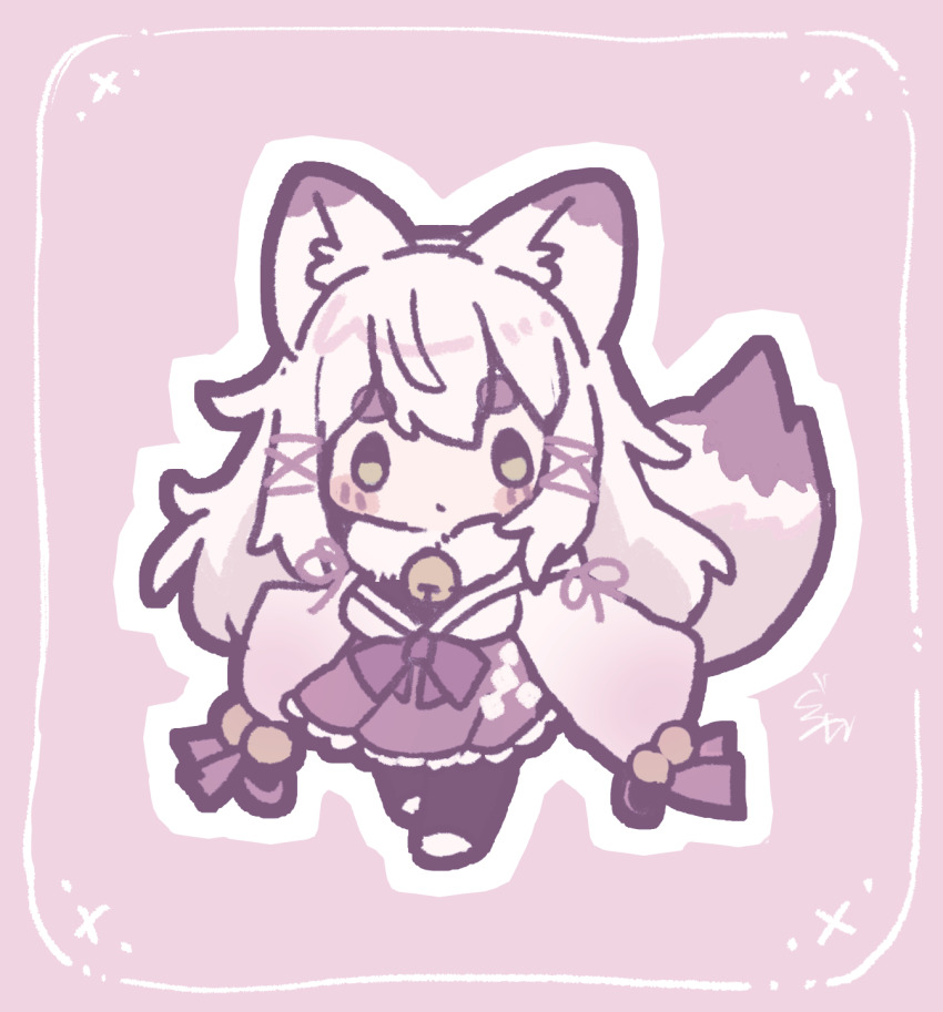 1girl animal_ears black_bodysuit bodysuit bow chibi commission fox_ears fox_girl fox_tail frills fur_collar gohei hair_between_eyes hair_bow hair_ornament hair_ribbon highres indie_virtual_youtuber japanese_clothes kagari_kitsune long_hair long_sleeves messy_hair multicolored_hair nontraditional_miko pink_hair red_ribbon ribbon sidelocks simple_background skeb_commission skirt sleeves_past_fingers sleeves_past_wrists tail white_hair yellow_eyes