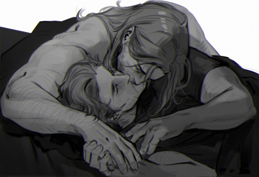 2boys arm_hair beard commentary couple english_commentary facial_hair greyscale guardians_of_the_galaxy holding_hands kiss limach-an long_hair lying male_focus marvel monochrome multiple_boys muscular muscular_male on_side peter_quill short_hair stubble thor_(marvel) thor_(marvel)_(series) yaoi