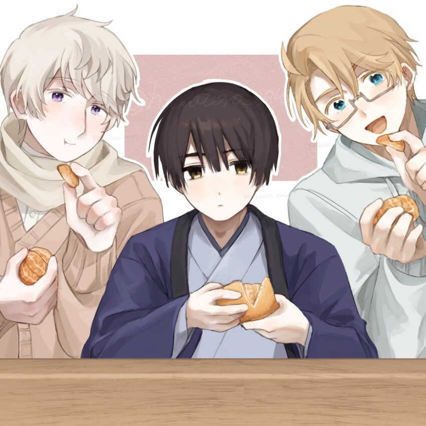 3boys ahoge america_(hetalia) axis_powers_hetalia bandaged_neck bandages blonde_hair blue_eyes blue_haori blue_kimono blunt_ends blush border brown-framed_eyewear brown_eyes brown_hair buttons closed_mouth commentary_request earrings empty_eyes food fruit glasses grey_hair grey_hoodie hair_between_eyes hands_up haori harutoro_39487 highres holding holding_food holding_fruit hood hoodie japan_(hetalia) japanese_clothes jewelry kimono long_sleeves looking_at_viewer male_focus mandarin_orange mandarin_orange_slice multiple_boys open_clothes open_mouth outside_border pink_background pink_sweater puffy_long_sleeves puffy_sleeves purple_eyes russia_(hetalia) scarf semi-rimless_eyewear shirt short_hair simple_background smile sweater table tongue upper_body white_border white_scarf white_shirt wide_sleeves