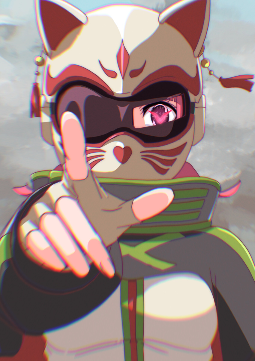 1girl a.l.a.n_(love_live!) ajapar black_shrug cat_mask chromatic_aberration code_geass commentary_request company_connection finger_gun fingernails geass green_nails grey_background heavy_chromatic_aberration highres jacket love_live! love_live!_nijigasaki_high_school_idol_club love_live!_nijigasaki_high_school_idol_club_the_movie_-_finale mask medium_hair pink_hair revision shrug_(clothing) solo sunrise_(company) tennoji_rina upper_body white_jacket