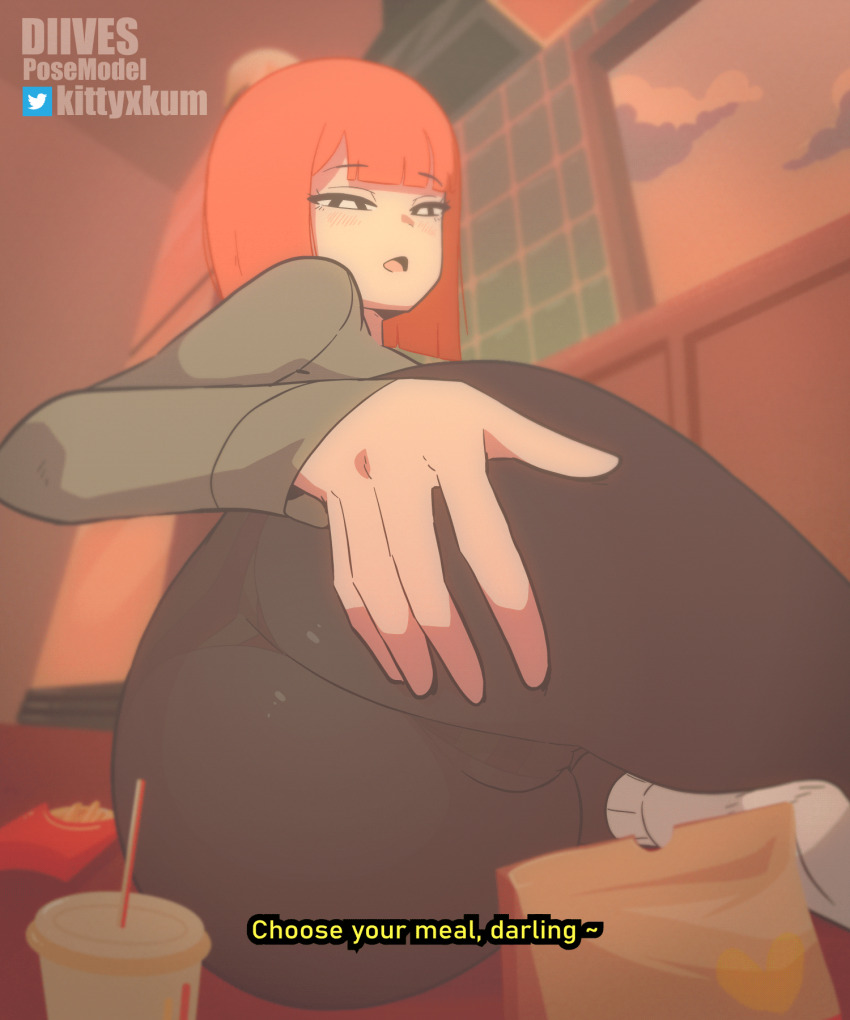 1girl animated animated_gif artist_name ass ass_focus black_eyes black_pantyhose blunt_bangs blunt_ends blush bob_cut bright_pupils commentary crotch cup diives disposable_cup drinking_straw english_commentary english_text food french_fries from_behind grabbing_own_ass hand_on_own_ass highres indoors long_sleeves looking_at_viewer looking_back looping_animation mcdonald's mother_(yoru_mac) no_pants on_table open_mouth orange_hair panties panties_under_pantyhose pantyhose presenting short_hair solo spread_ass striped_clothes striped_panties subtitled sweater table thong twitter_logo underwear watermark white_pupils yoru_mac